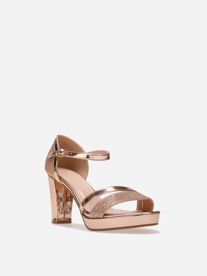 Sandales dorées rose bi-matières métallisées et pailletées