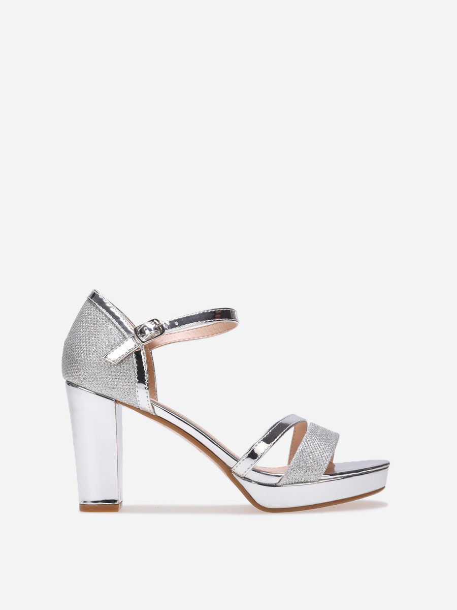 Sandales argentées bi-matières métallisées et pailletées