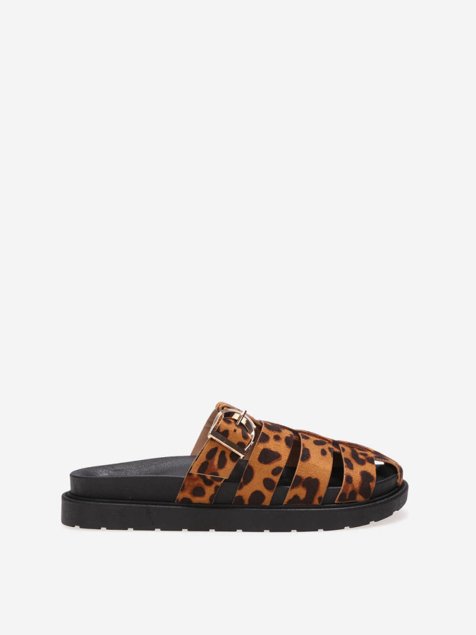 Mules léopard ajourées à boucle