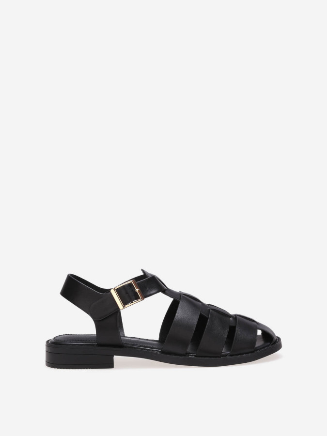 Sandales noires style méduse à bout fermé et boucle dorée