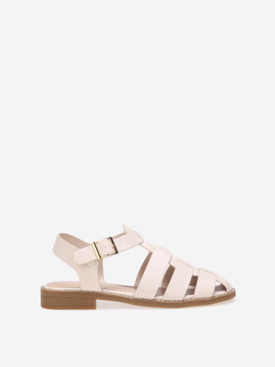 Sandales beiges style méduse à bout fermé et boucle dorée