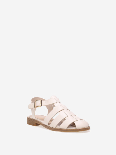 Sandales beiges style méduse à bout fermé et boucle dorée