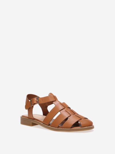 Sandales camel style méduse à bout fermé et boucle dorée