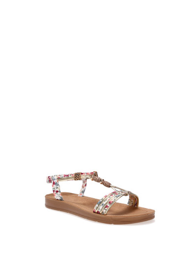 Sandales blanches à brides en tissu fleuri et bijoux effet bois