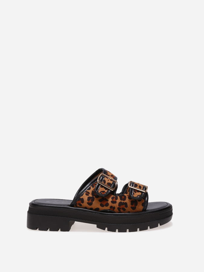Mules léopard avec brides en suédine à motif animal