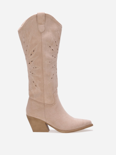 Santiags hautes ajourées avec surpiqûres beiges