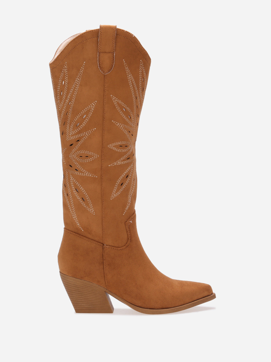 Santiags hautes ajourées avec surpiqûres camel