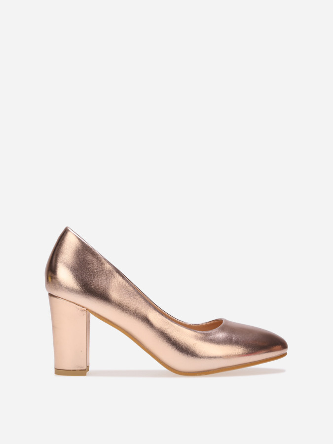 Escarpins dorés rose vernis à talon carré