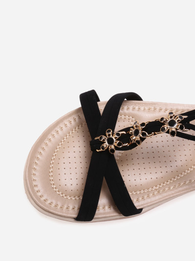 Sandales pailletées noires à détails fleurs