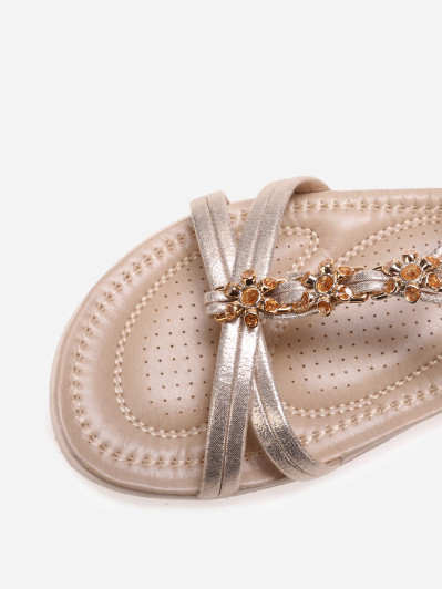 Sandales pailletées dorées à détails fleurs