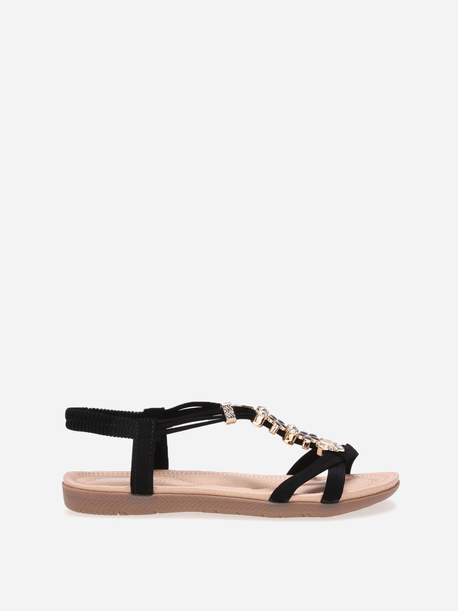 Sandales noires à paillettes et fleurs en strass