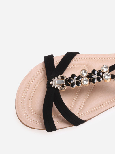 Sandales noires à paillettes et fleurs en strass