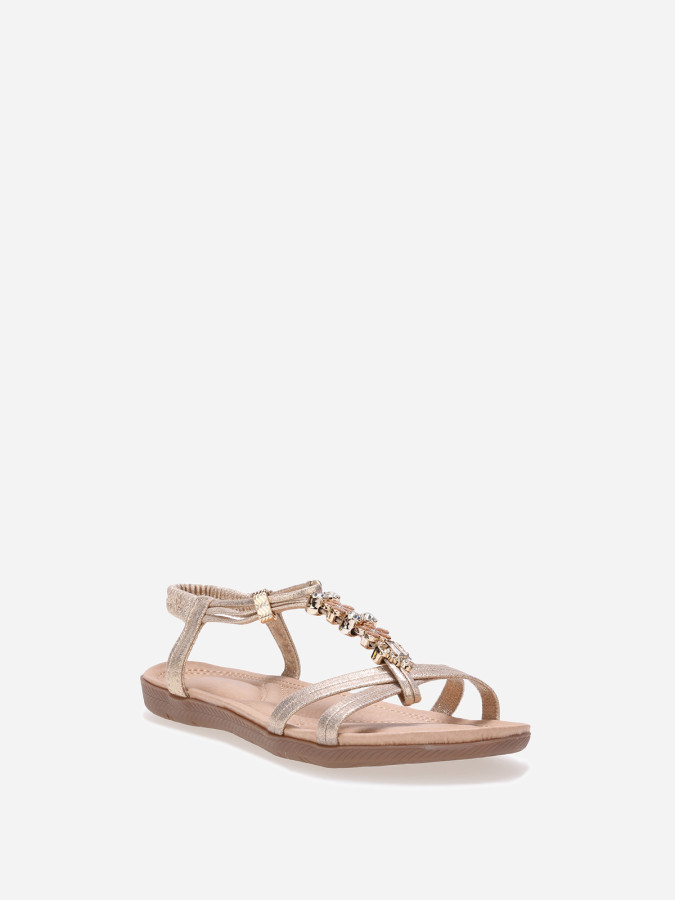 Sandales dorées à paillettes et fleurs en strass