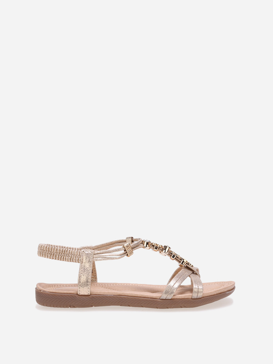 Sandales dorées à paillettes et fleurs en strass