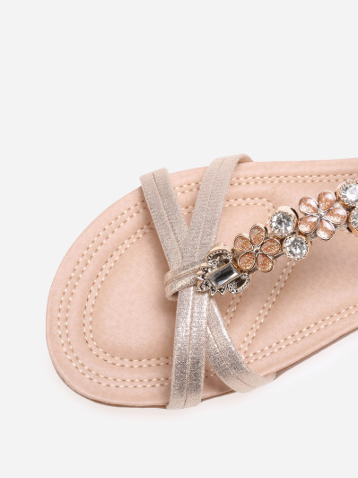 Sandales dorées à paillettes et fleurs en strass
