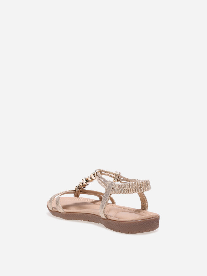 Sandales dorées à paillettes et fleurs en strass