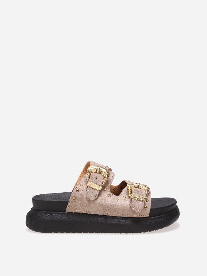 Mules taupe cloutées à boucles et plateforme