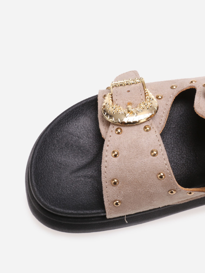 Mules taupe cloutées à boucles et plateforme