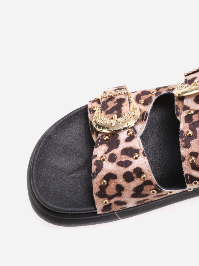 Mules léopard cloutées à boucles et plateforme