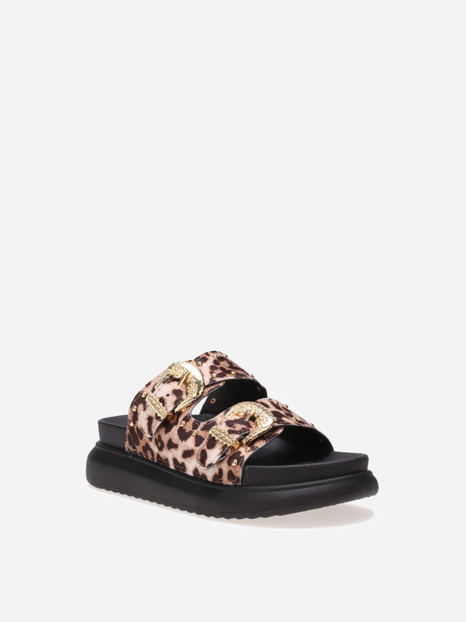 Mules léopard cloutées à boucles et plateforme