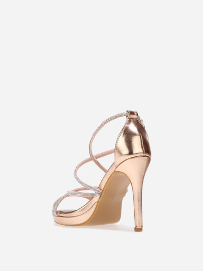 Sandales dorées rose à talon et brides entrecroisées à strass