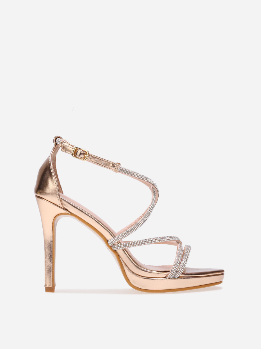 Sandales dorées rose à talon et brides entrecroisées à strass