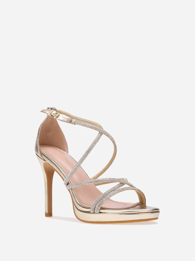 Sandales à talon dorées et brides entrecroisées à strass