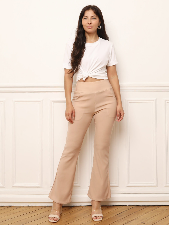 Pantalon évasé à taille haute beige
