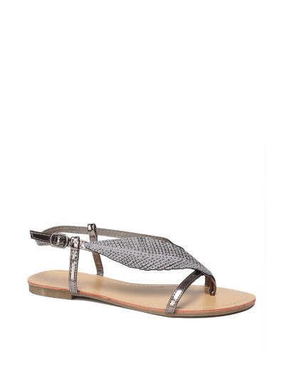 Nu-pieds gris métallisé à feuille en strass grandes tailles