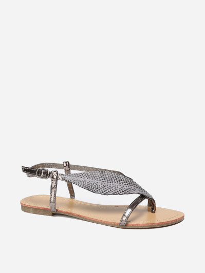 Nu-pieds gris métallisé à feuille en strass grandes tailles