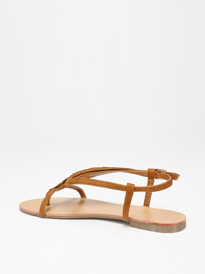 Nu-pieds camel à feuille en strass grandes tailles