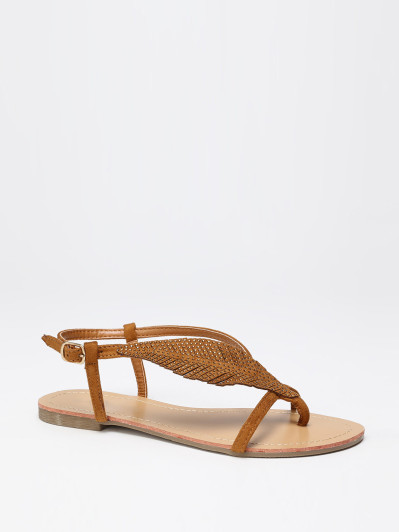 Nu-pieds camel à feuille en strass grandes tailles