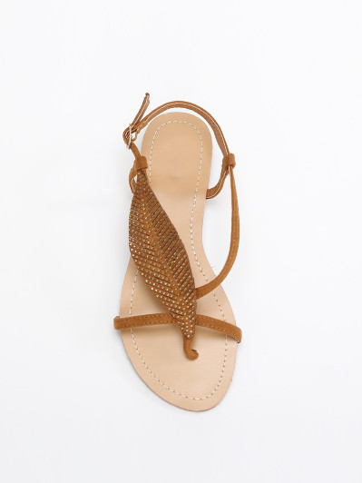 Nu-pieds camel à feuille en strass grandes tailles