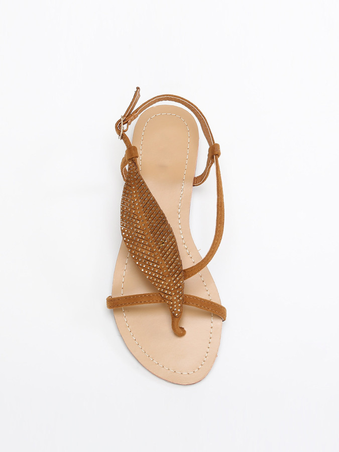 Nu-pieds camel à feuille en strass grandes tailles