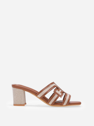 Mules camel bi-matières avec bride et talon en tissu