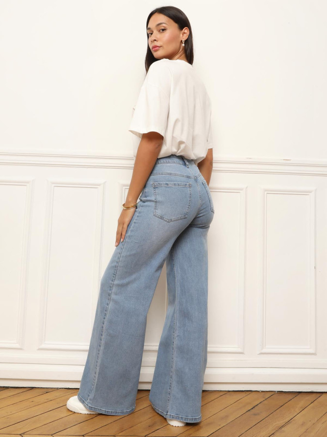 Jeans bleu droit et large à taille haute