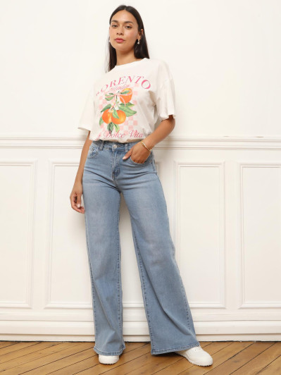 Jeans bleu droit et large à taille haute