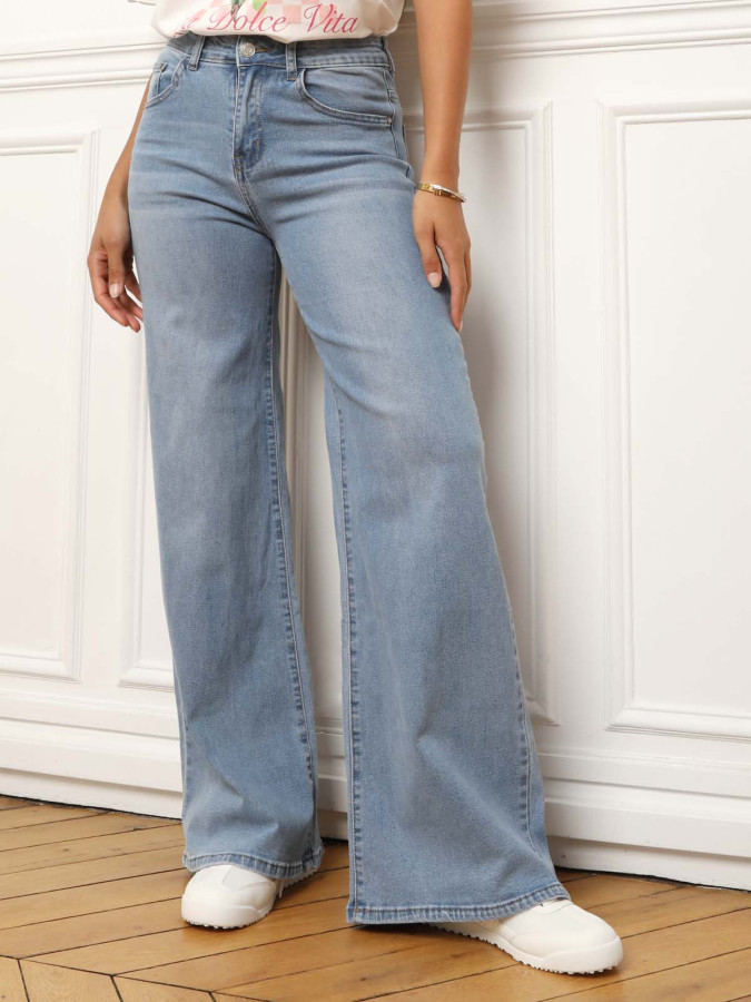 Jeans bleu droit et large à taille haute