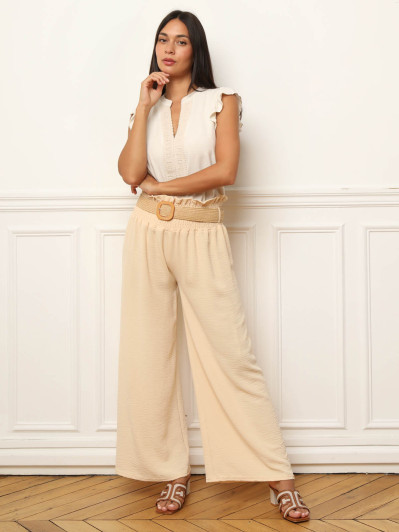 Pantalon fluide beige avec ceinture style raphia