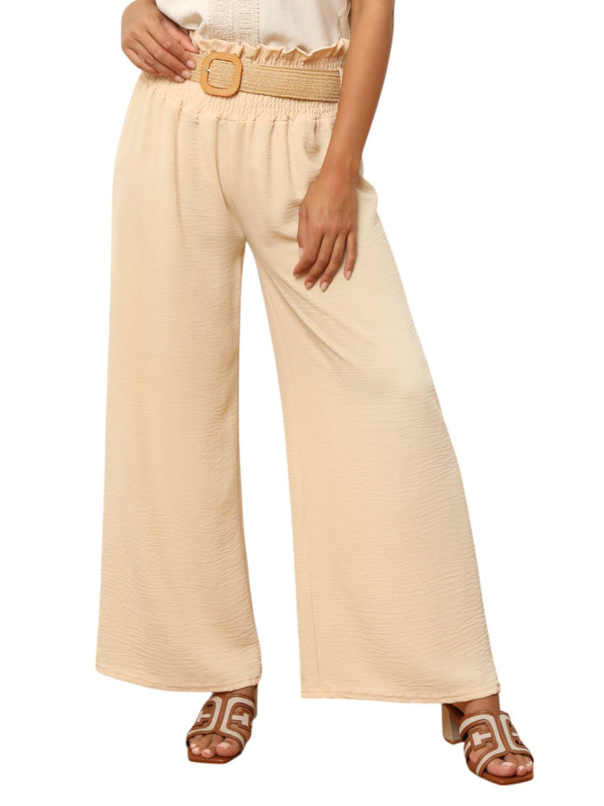 Pantalon fluide beige avec ceinture style raphia