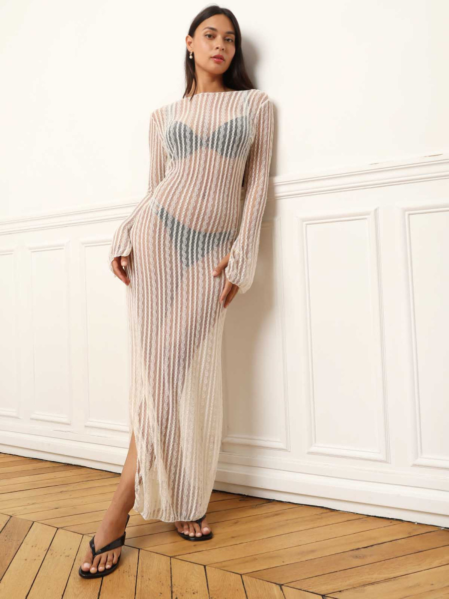 Robe de plage beige longue et transparente