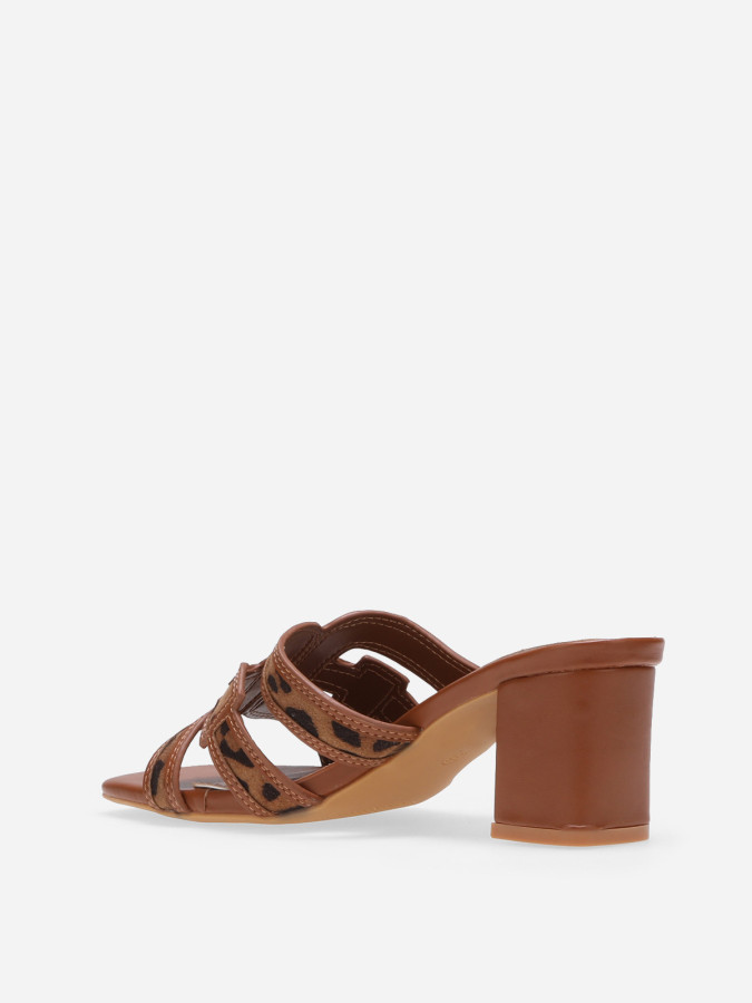 Mules léopard bi-matières avec bride et talon en tissu