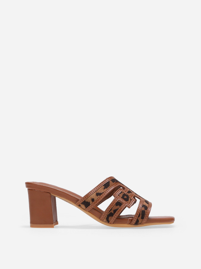 Mules léopard bi-matières avec bride et talon en tissu