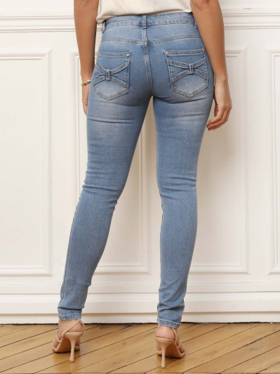 Jeans slim bleu à poches avec nœuds