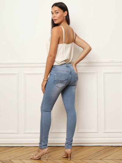 Jeans slim bleu à poches avec nœuds