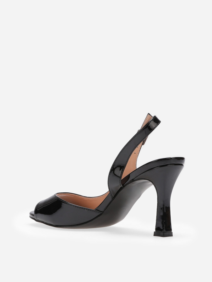 Sandales slingback noires asymétriques et vernies
