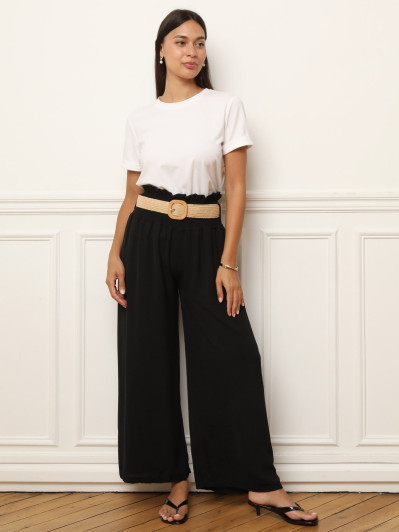 Pantalon fluide noir avec ceinture style raphia