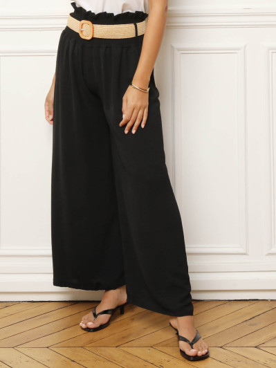 Pantalon fluide noir avec ceinture style raphia