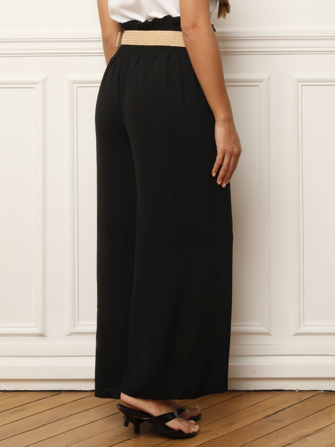 Pantalon fluide noir avec ceinture style raphia