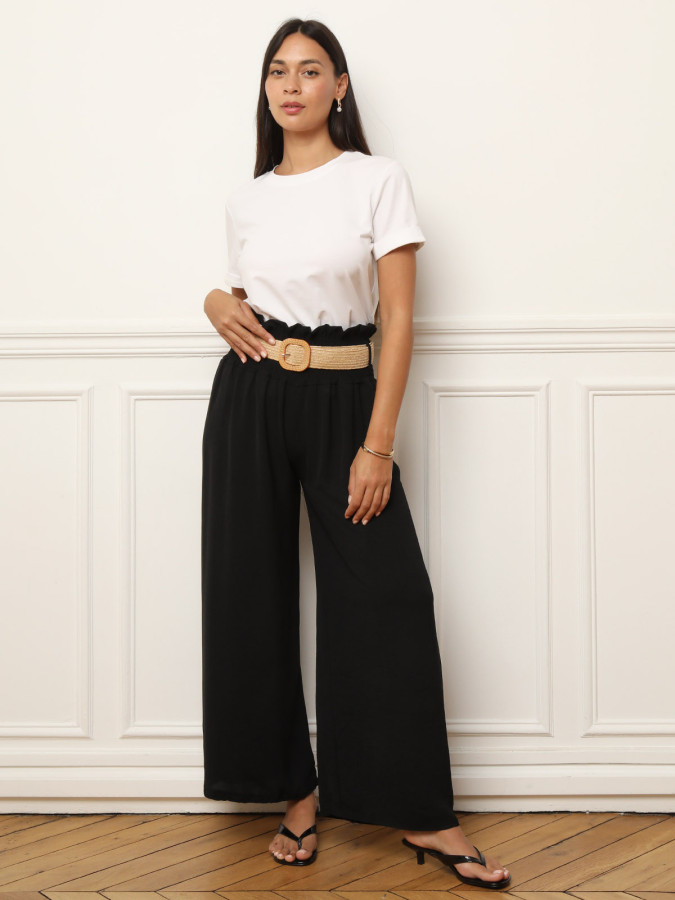Pantalon fluide noir avec ceinture style raphia